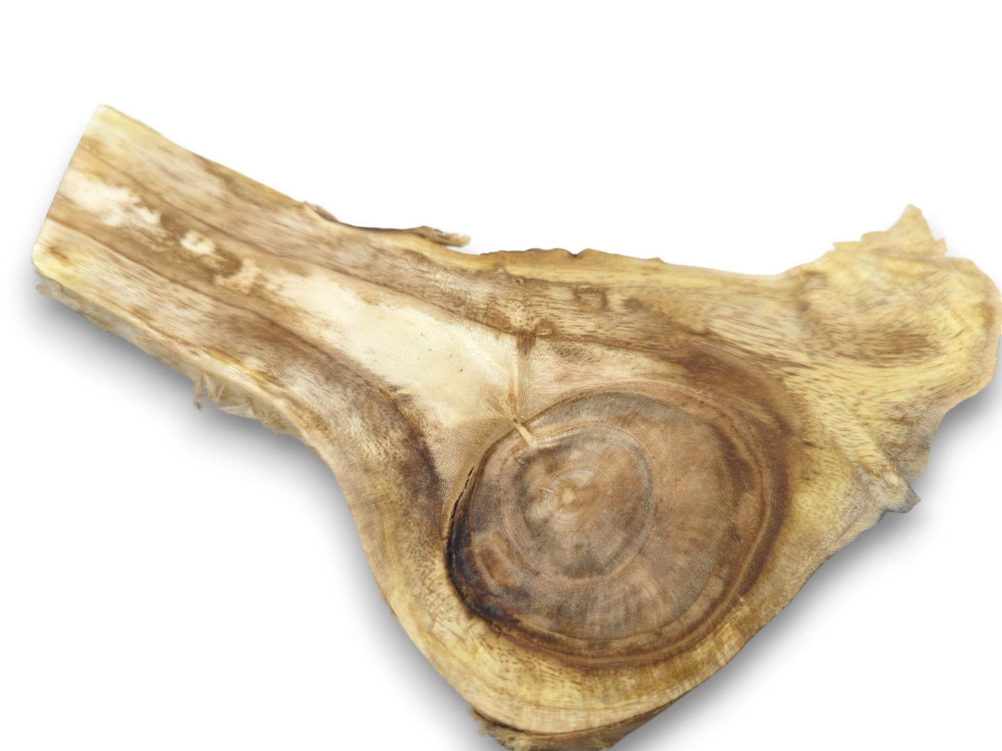 An overhead view of a single, irregularly shaped acacia wood slice with a prominent knot.