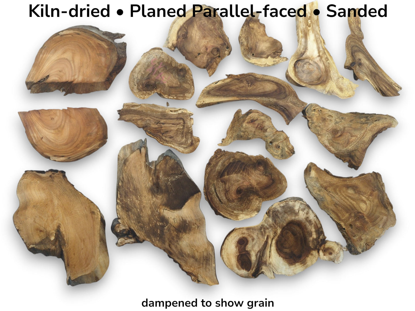 Overhead view of many assorted, irregularly shaped, kiln-dried wood pieces with prominent grain on white.