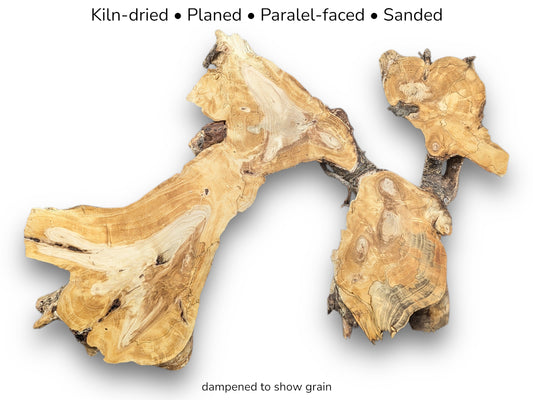 Irregular golden pine root slice displaying wood grain patterns with text overlay detailing preparation attributes.