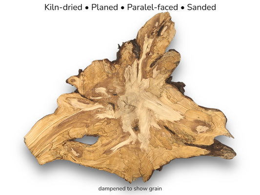 Irregular pine root slice displaying swirling grain patterns, knots, and voids with text overlays regarding preparation.