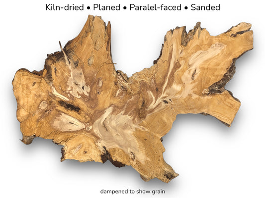 Image with text details showing an irregular wood slice with complex golden and brown grain patterns.
