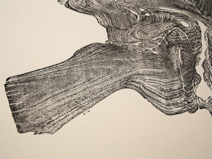 Black, textured monoprint showing an irregular tree root slice impression with wood grain on cream paper.