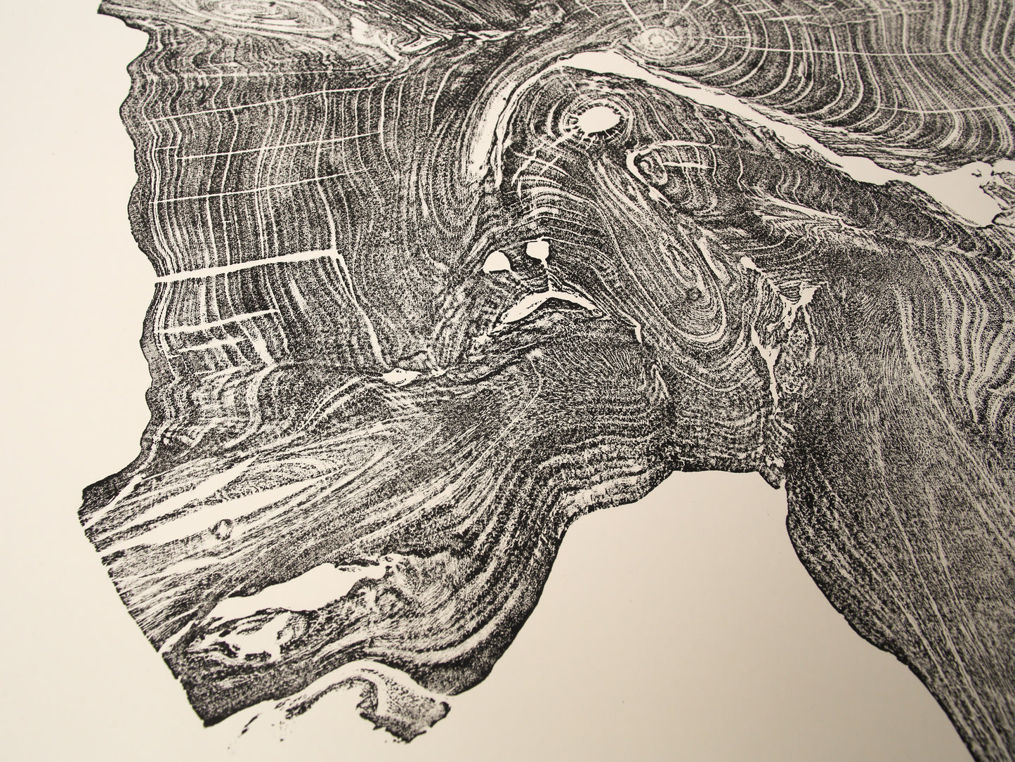 Intricate woodcut monoprint features an irregular dark impression of a tree root with complex grain patterns on cream paper.