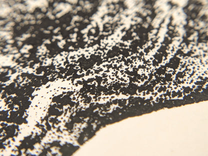 Magnified view of a textured black ink monoprint impression with granular irregular patterns on cream-colored paper.