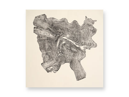 An irregular, dark gray woodcut monoprint shows intricate tree rings and organic wood textures on light cream paper.
