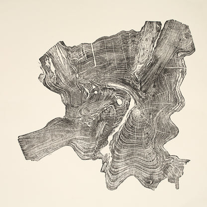 Monoprint of an irregular, dark gray tree root impression, displaying intricate wood grain lines on cream paper.