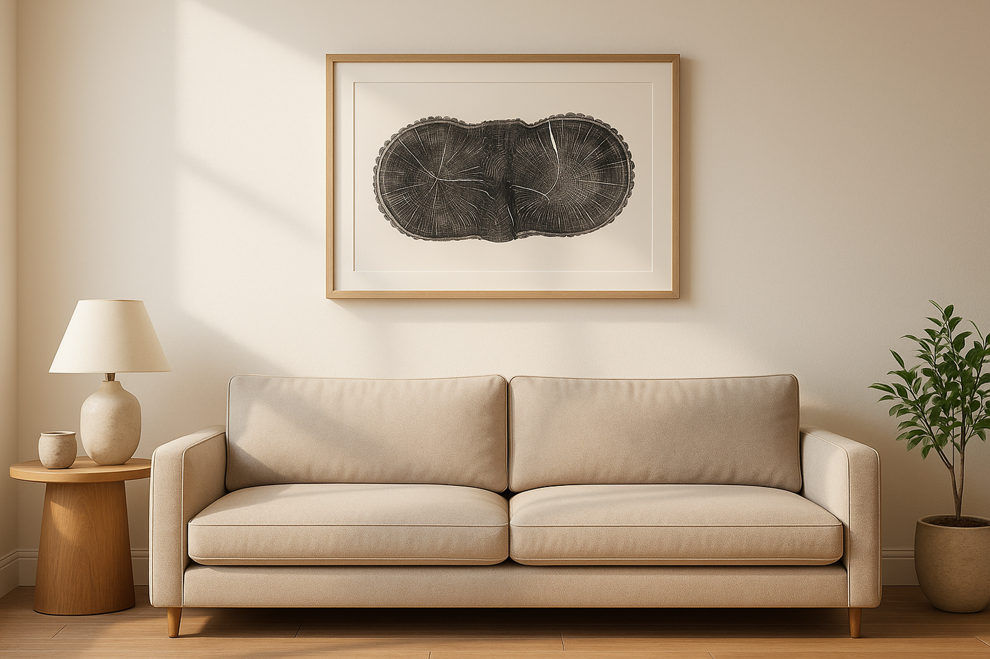 A beige sofa sits below a framed double-lobed tree ring print, flanked by a lamp and potted plant.