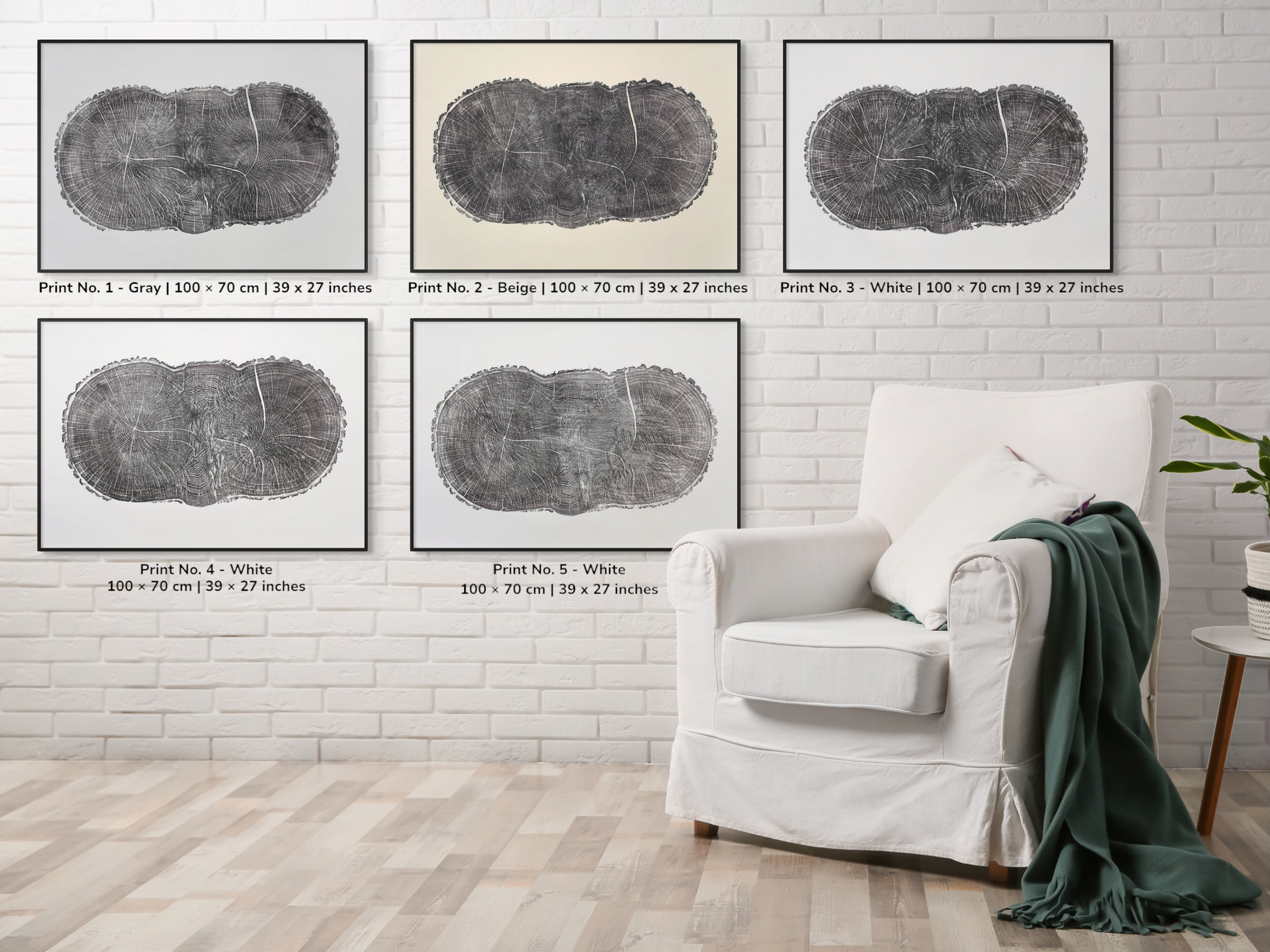 Montage: Five framed dark tree ring prints, one beige, on a brick wall and armchair.