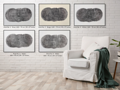 Montage: Five framed dark tree ring prints, one beige, on a brick wall and armchair.