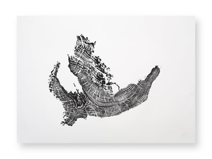 A black and white monoprint depicts an irregular tree root slice impression with textured concentric patterns.