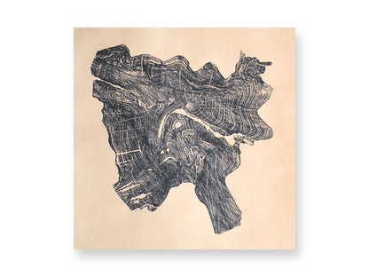 Intricate black woodcut monoprint depicting an irregular tree root slice with detailed rings on beige paper.