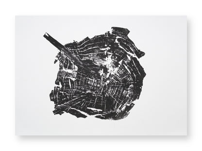 A black woodcut impression of an irregular tree root slice with growth rings and a diagonal branch.