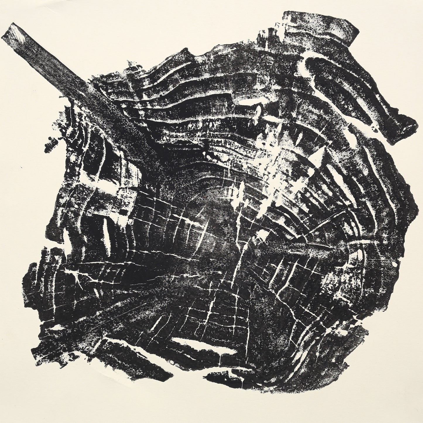 Organic woodcut monoprint displays an irregular black tree root slice, showing concentric rings and a diagonal branch.