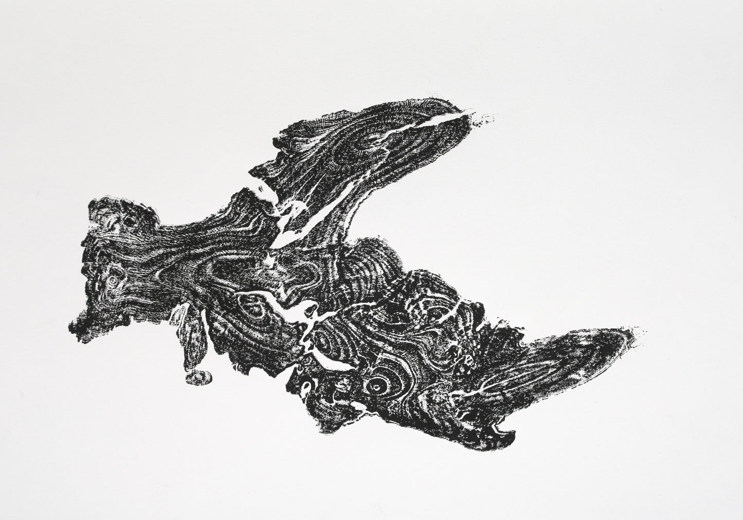 Print showing a dark, gnarled root impression with natural wood grain patterns on white art paper.