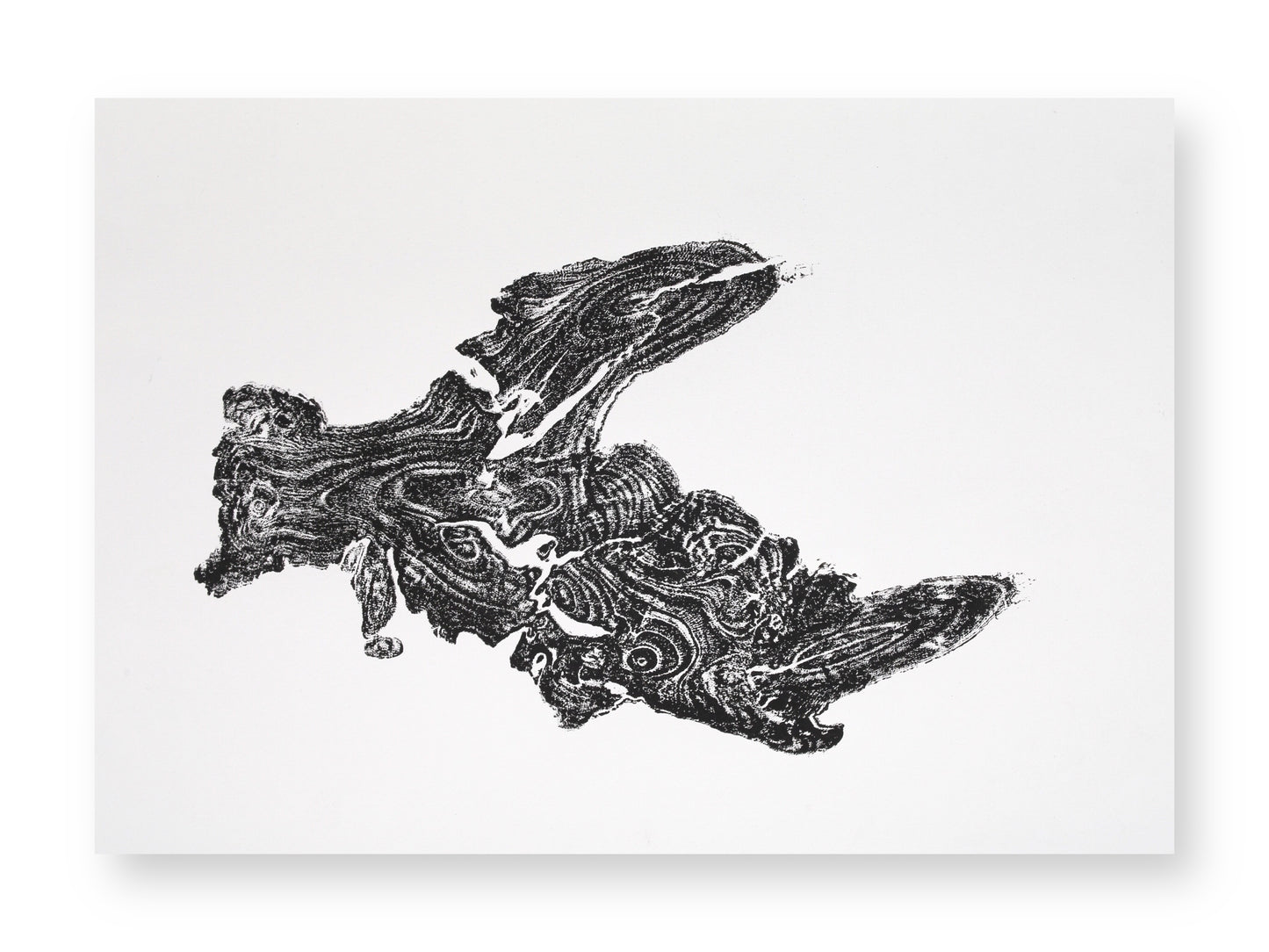 Monoprint showing a textured black tree root impression with intricate organic swirling patterns on white paper.