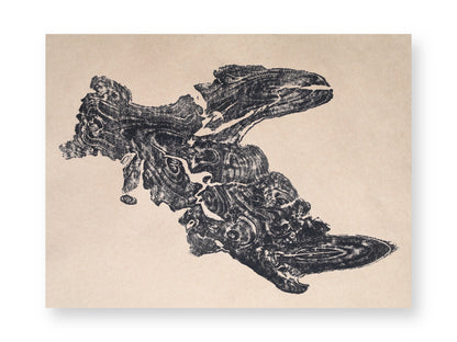 Dark black, textured tree root impression showing complex organic patterns on light brown paper.