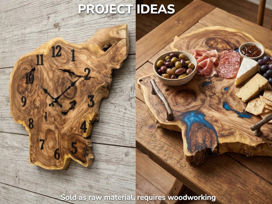 Collage showing finished project examples: a live-edge wood clock and a serving board with blue resin.