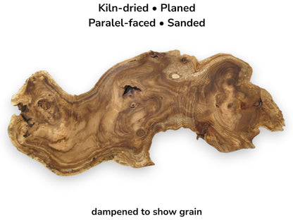 Image of a dampened live-edge wood slab with text detailing its kiln-dried and sanded preparation.