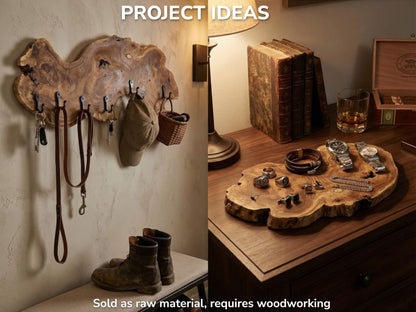 Collage showcasing project examples: a live edge slab as a wall hook rack and a valet tray.