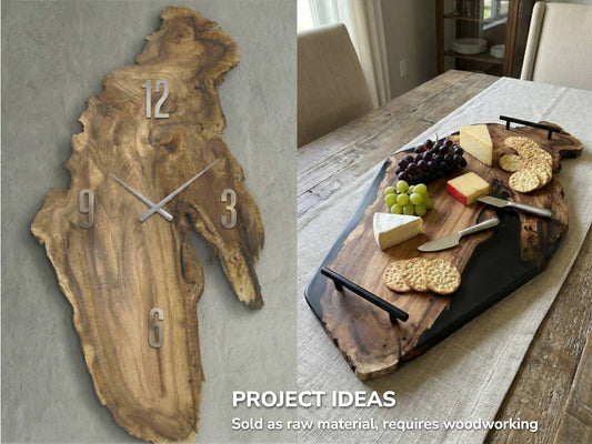A split view shows a live edge slab as a wall clock and resin serving tray.