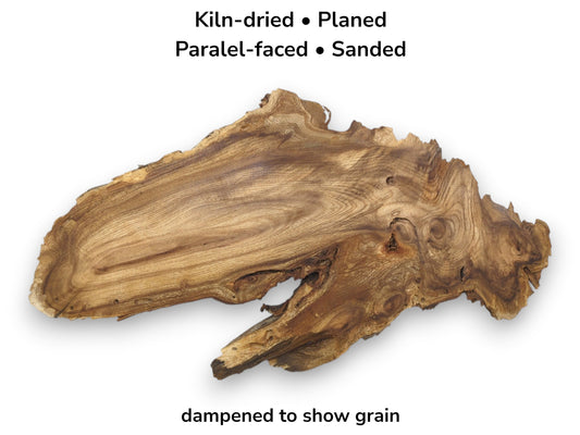 A gnarled root cross-section reveals dramatic, swirling grain patterns and several dark, eye-like knots.