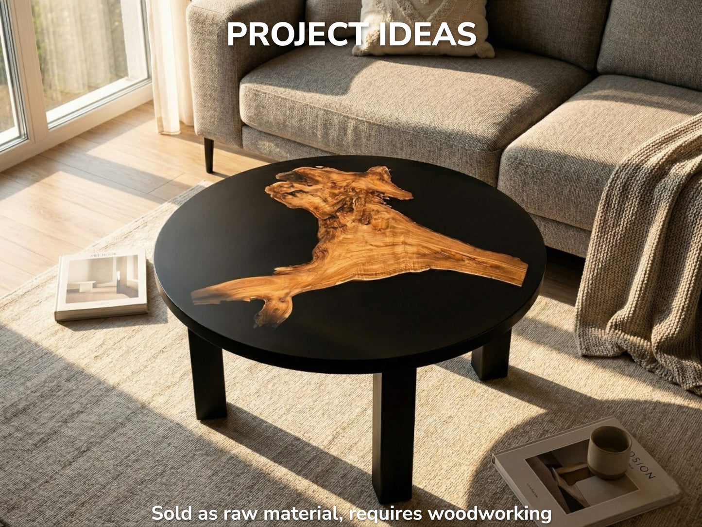 A golden, burled timber piece with an uneven perimeter floats in a black resin tabletop.