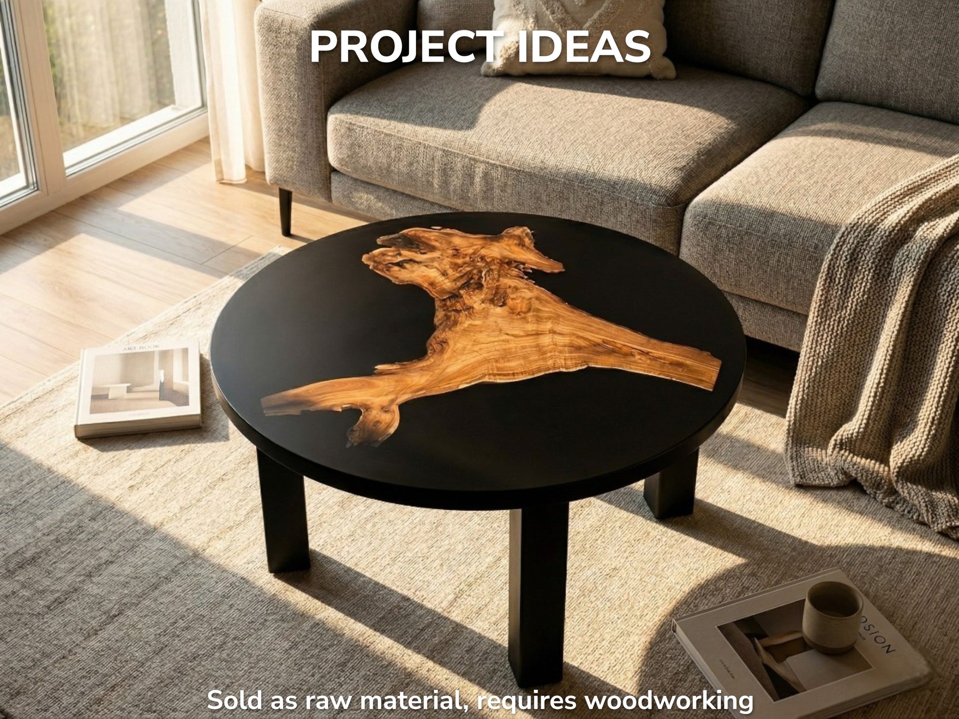 A golden, burled timber piece with an uneven perimeter floats in a black resin tabletop.