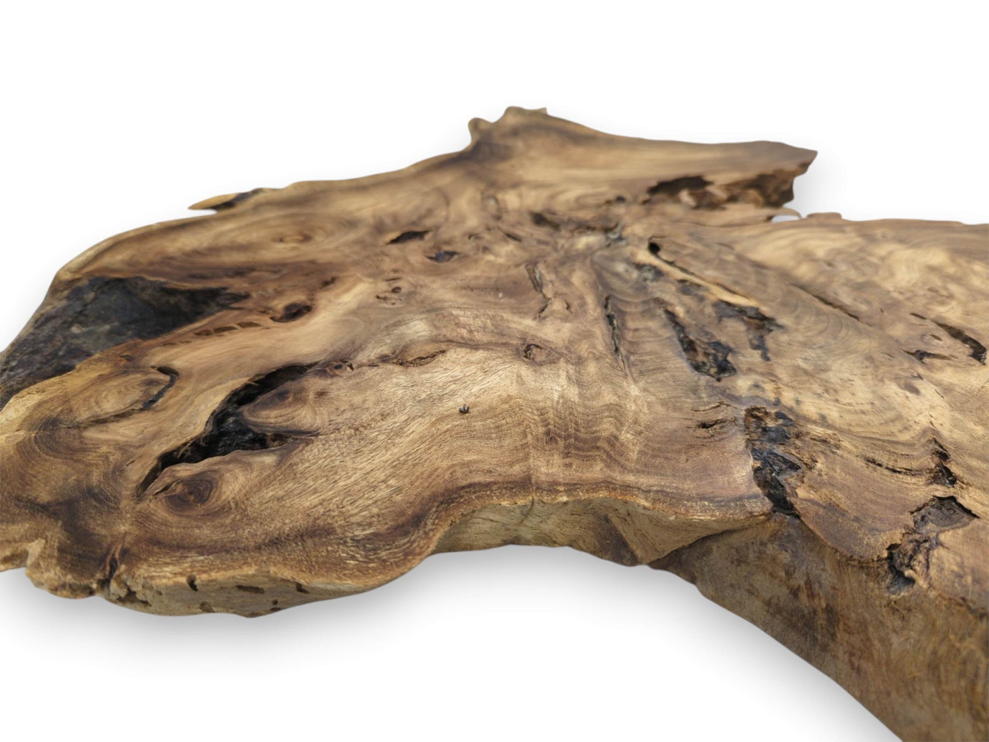 A low-angle view shows a burled timber piece with deep fissures and undulating grain.