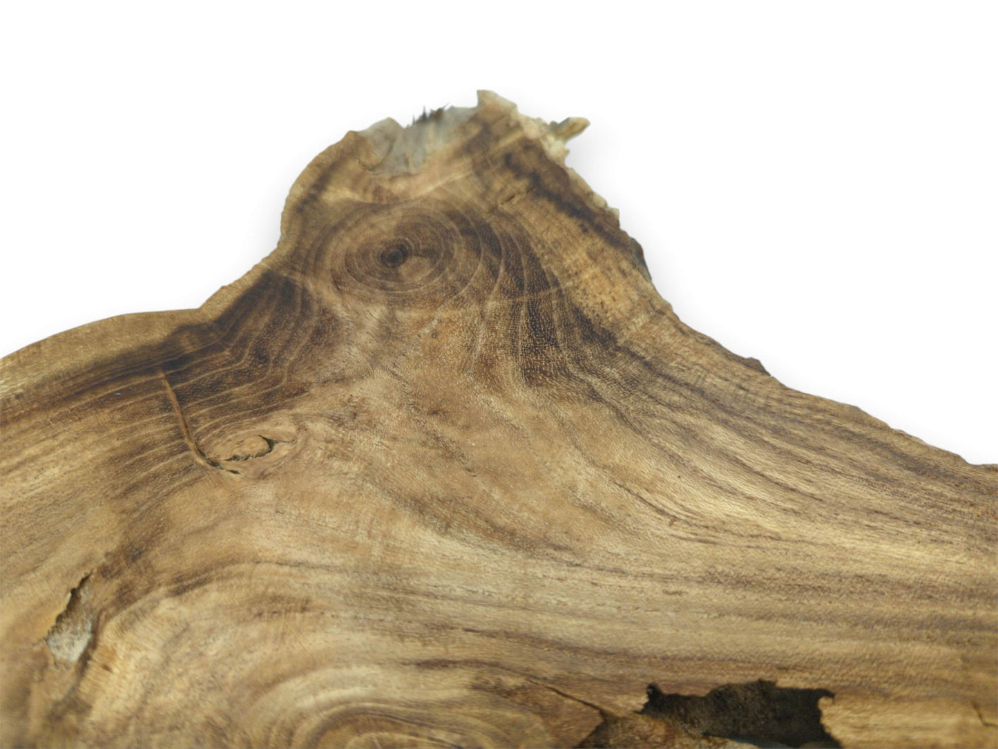 A close-up shows a timber section's peak with a dark knot and sweeping grain.