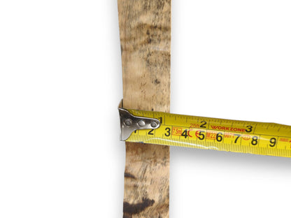 A yellow measuring tape gauges the width of a narrow timber piece with mottled grain.