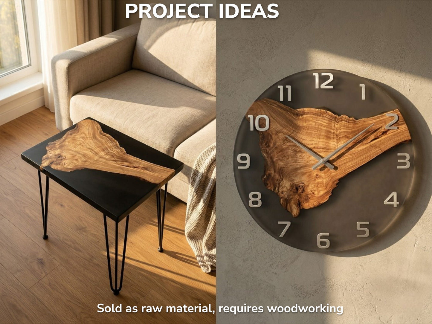 A split image displays a live-edge wood slab as a resin table and wall clock.