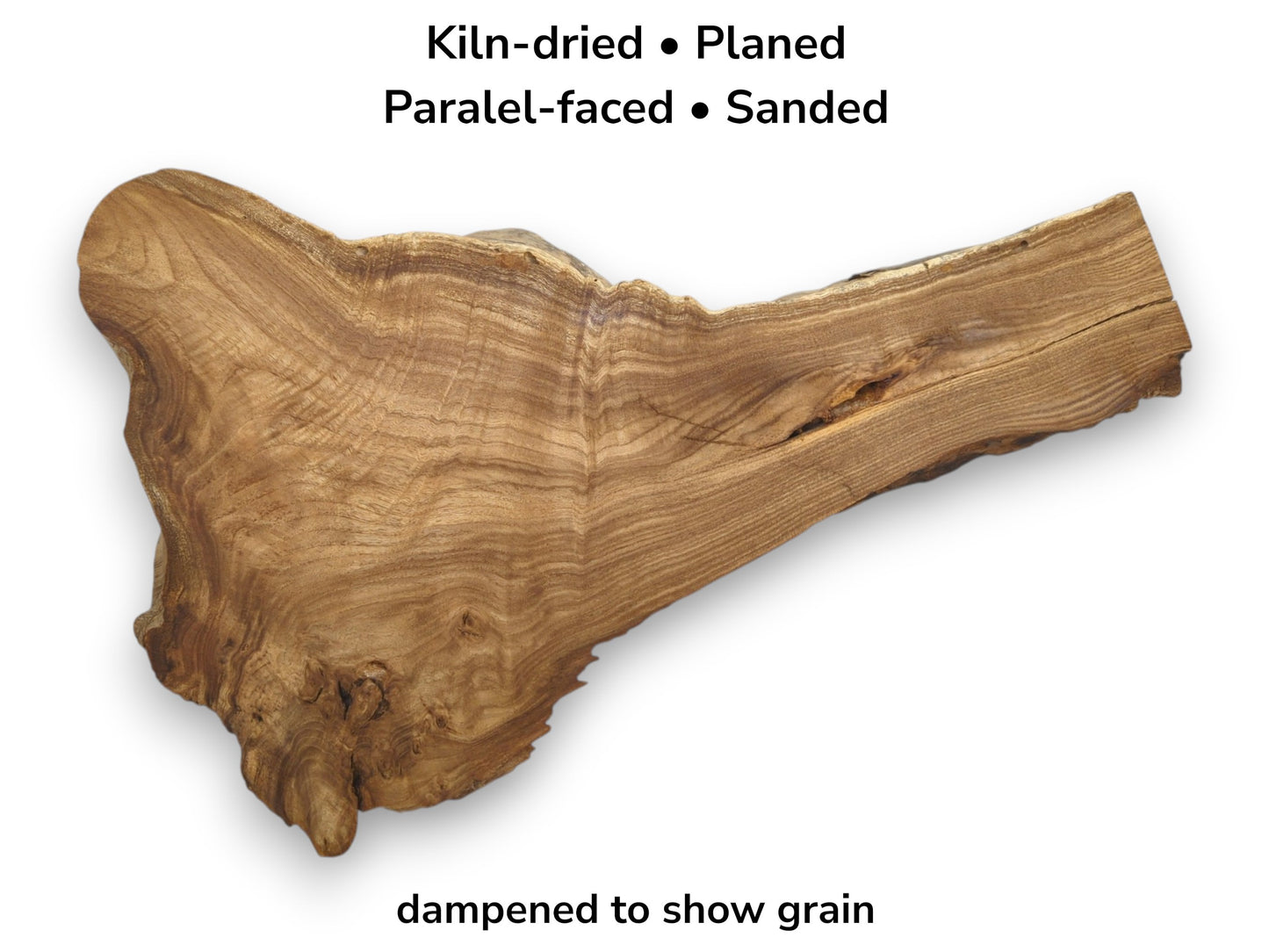 Contoured grain patterns sweep across an irregular timber section with a knotty burl on one end.