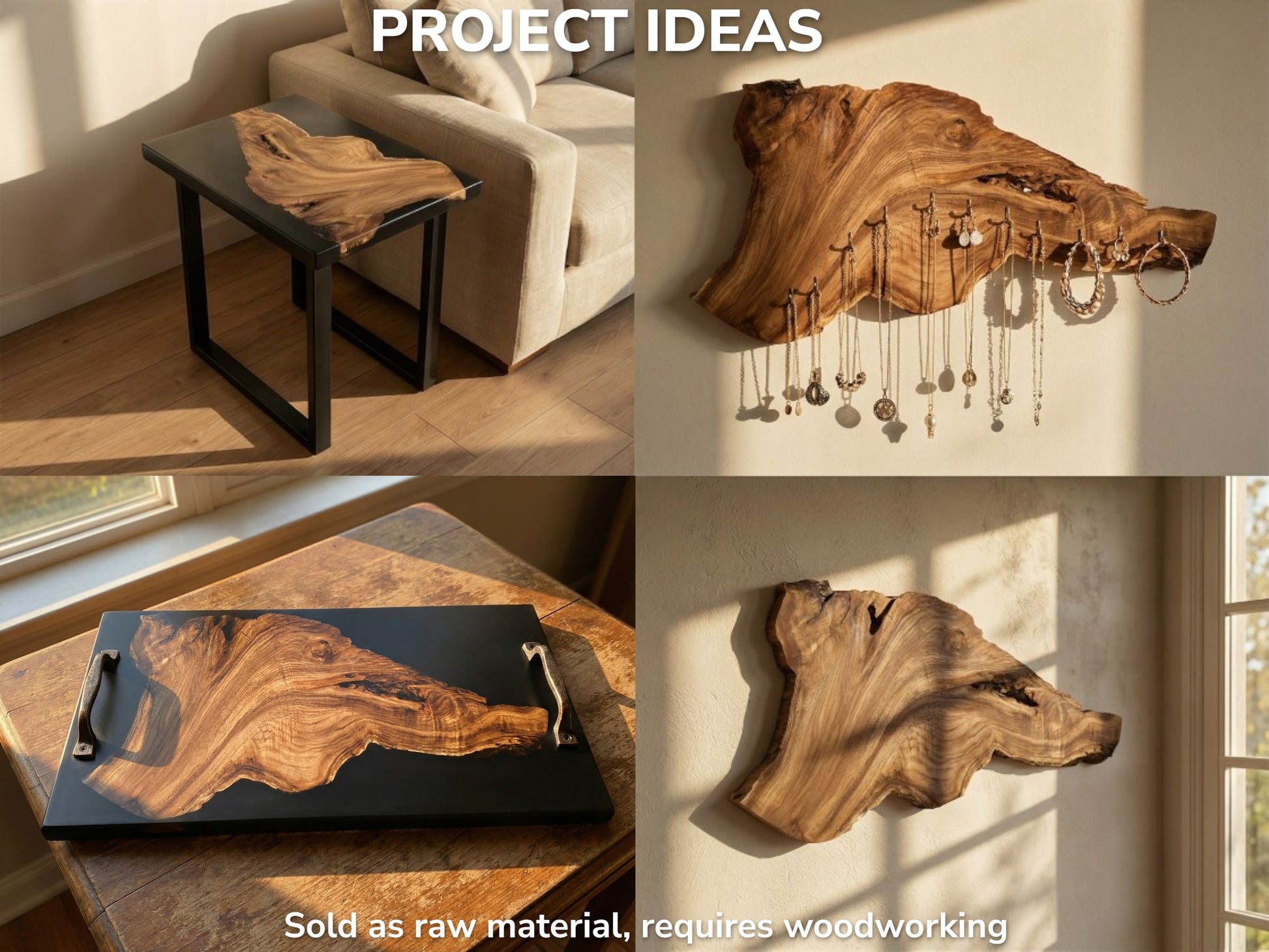 A four-photo collage displays woodworking ideas: a table, tray, jewelry holder, and wall art.