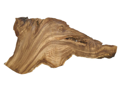 An irregularly shaped timber piece features swirling grain patterns flowing from a large, dark knot.
