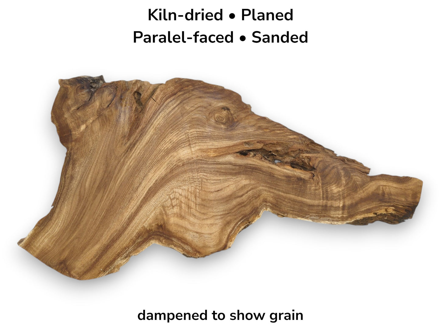 A dampened wood slab with a jagged live edge reveals swirling grain and dark knots.