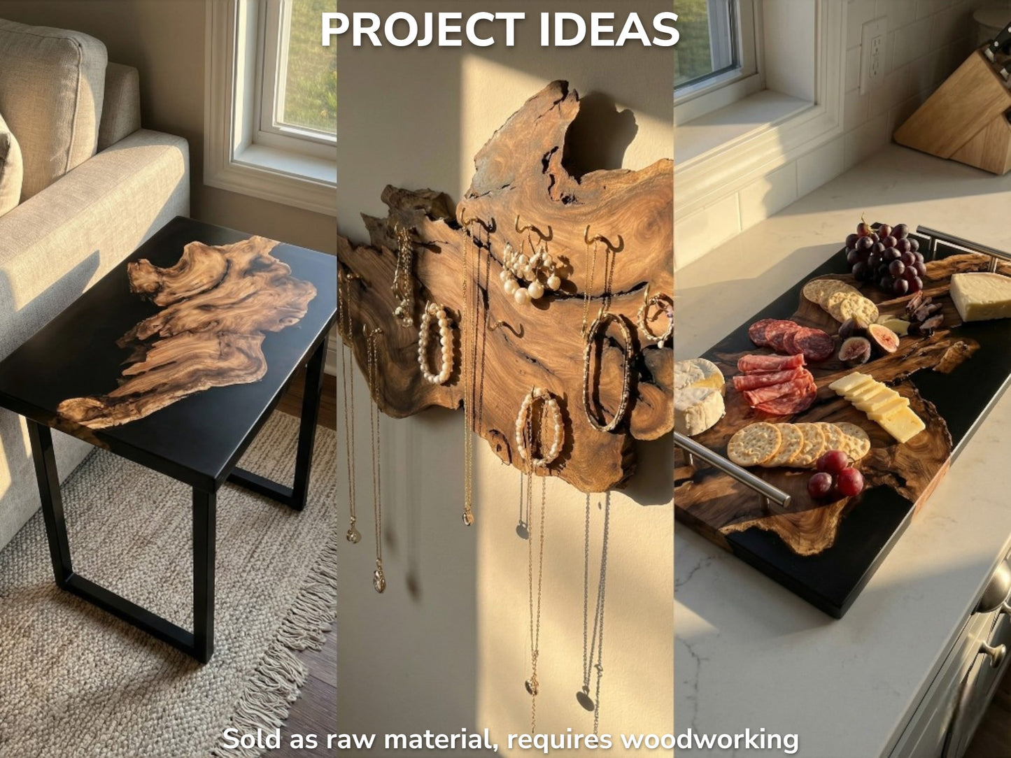 A collage of finished burl wood as a resin table, wall jewelry rack, and charcuterie board.