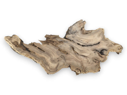 A gnarled root section displays flowing grain patterns and a rough, organic live edge.