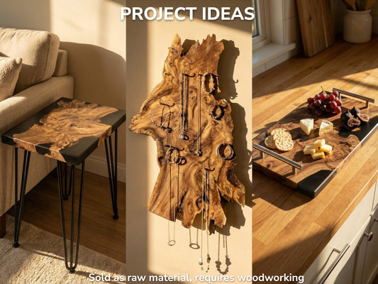 A collage shows finished projects: a resin table, live-edge jewelry holder, and serving tray.
