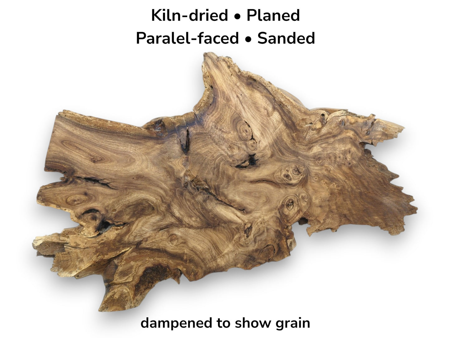 A flattened, gnarled root section displays intricate, swirling grain patterns and clustered burl eyes.