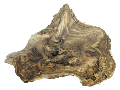 A raw-edged wood piece shows contoured figuring, dark voids, and a sharp, triangular peak.