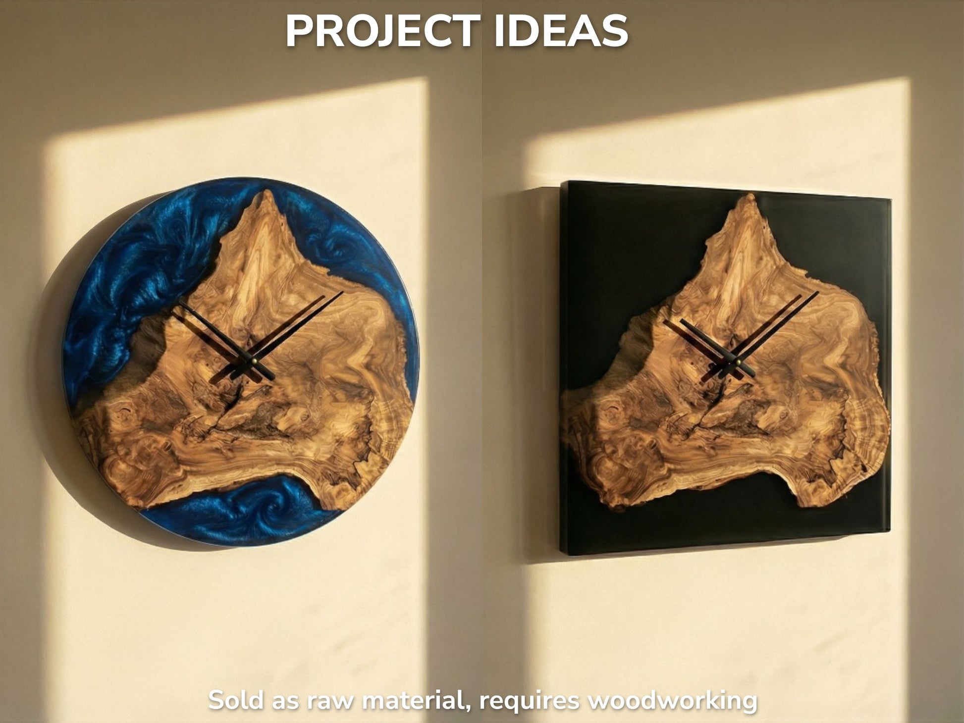 Two clocks showcase live-edge wood burls, one in round blue, one in square black resin.