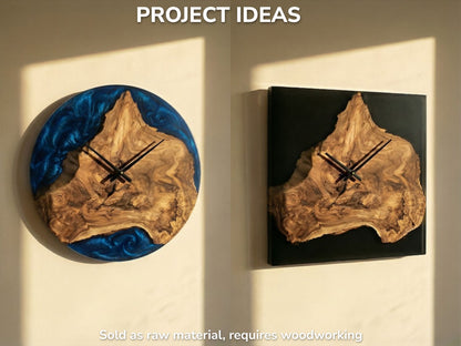 Two clocks showcase live-edge wood burls, one in round blue, one in square black resin.