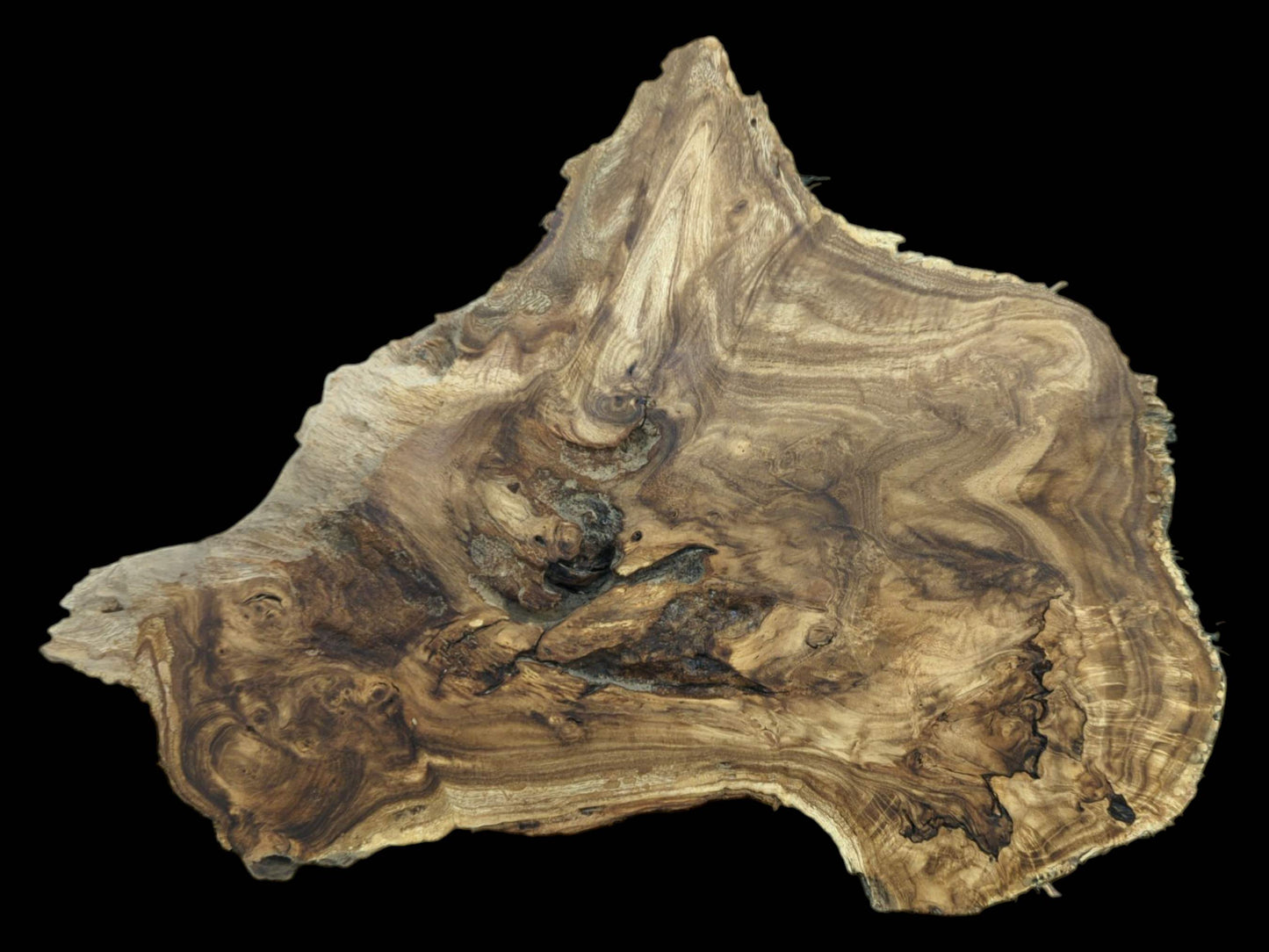 A mountain-shaped timber section shows dramatic, flowing grain and dark, rugged knots near its center.