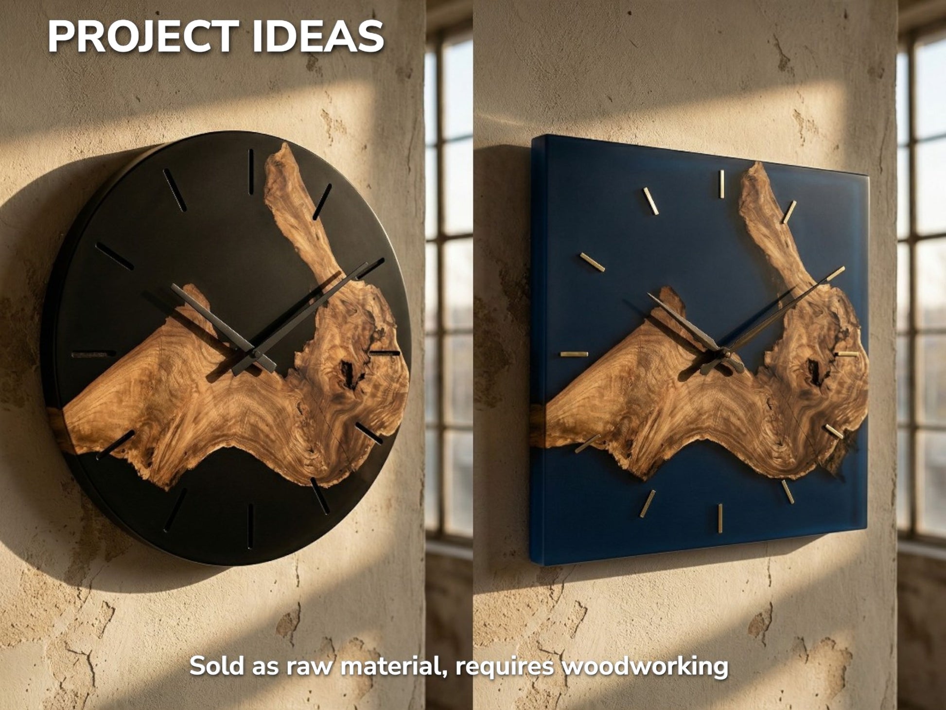Two finished wall clocks, one round and black, one square and blue, with burls.