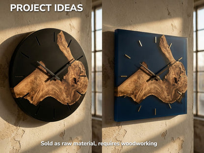 Two finished wall clocks, one round and black, one square and blue, with burls.