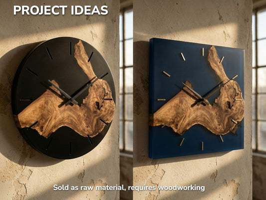 Two finished wall clocks, one round and black, one square and blue, with burls.