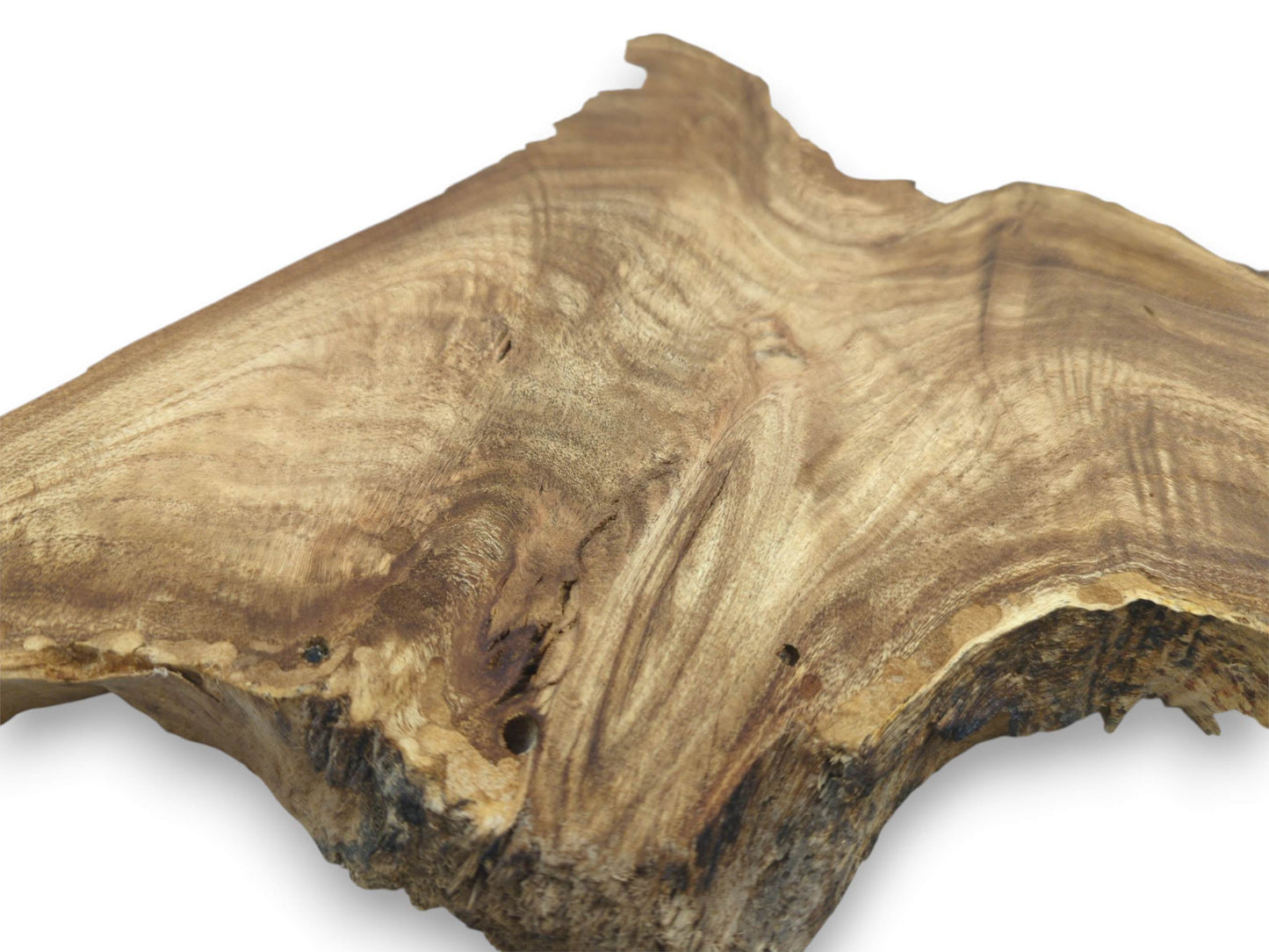 A wide timber plank with a jagged peak features undulating grain and a thick, raw edge.