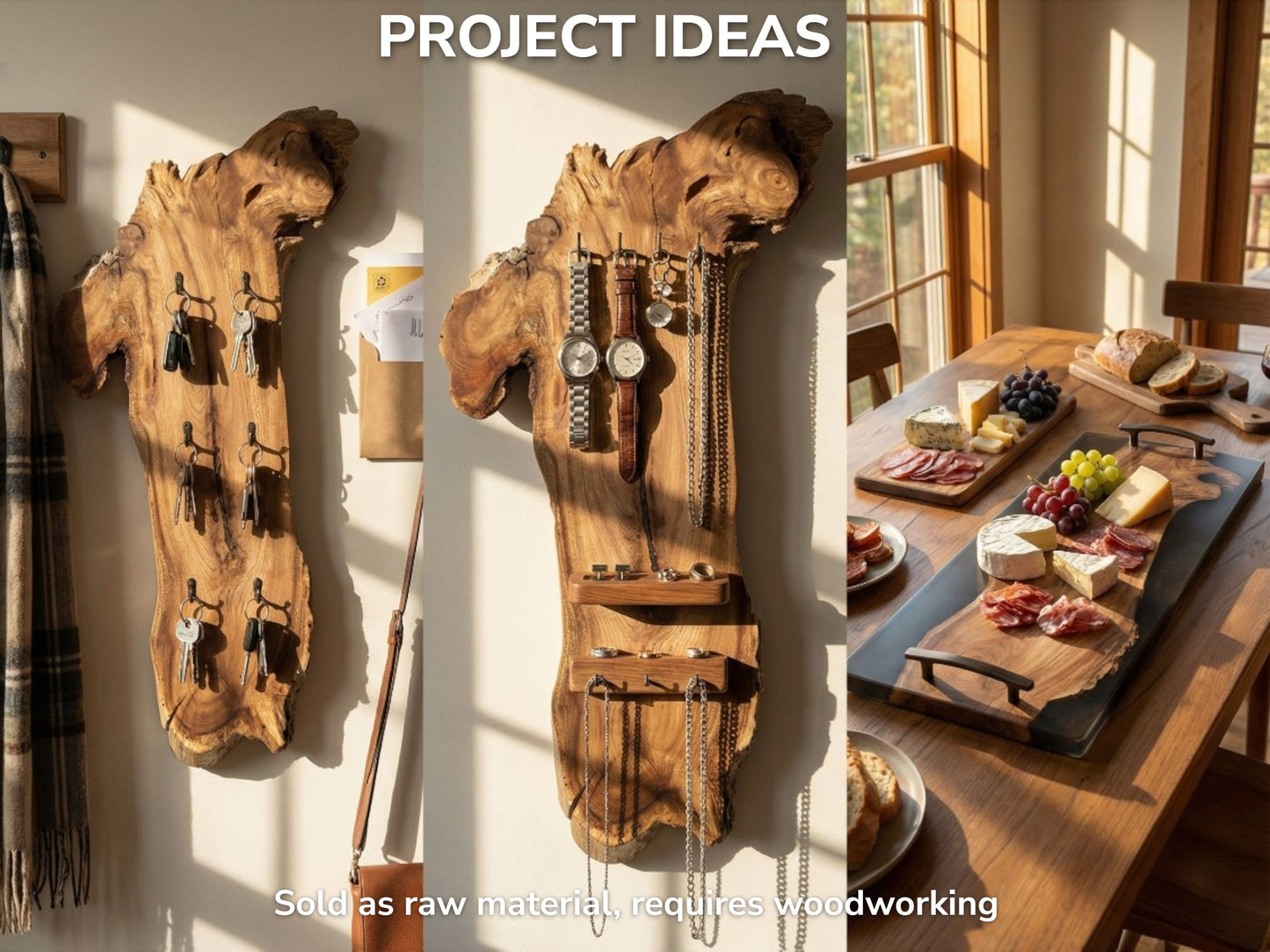 A collage shows live-edge timber slabs crafted into a key rack, jewelry organizer, and tray.