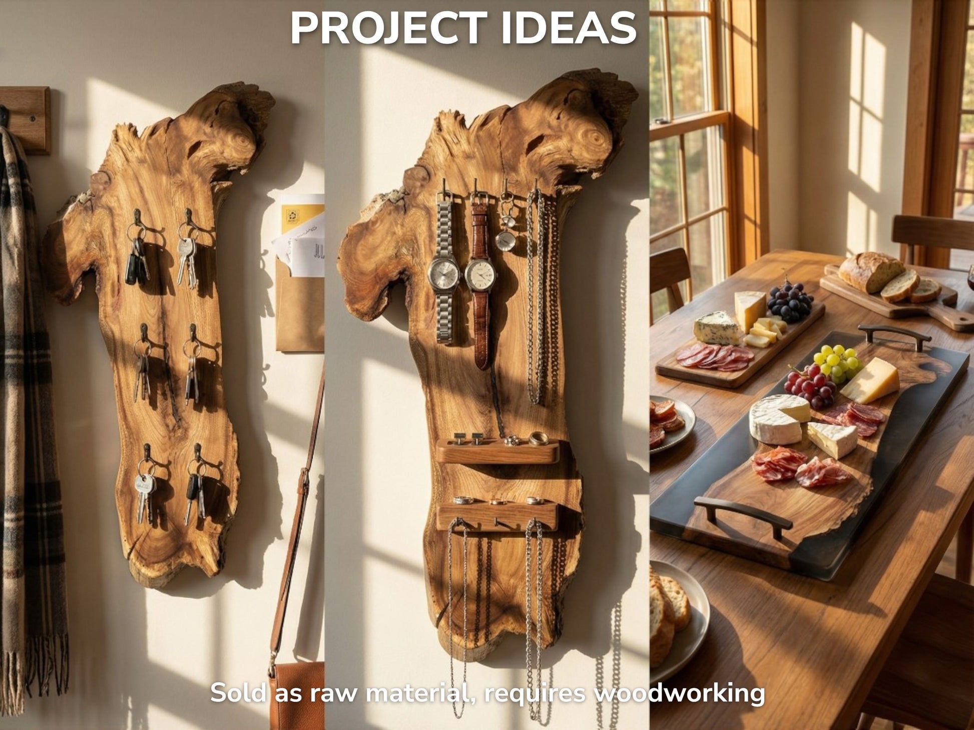 A collage shows live-edge timber slabs crafted into a key rack, jewelry organizer, and tray.