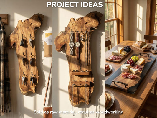 A collage shows live-edge timber slabs crafted into a key rack, jewelry organizer, and tray.